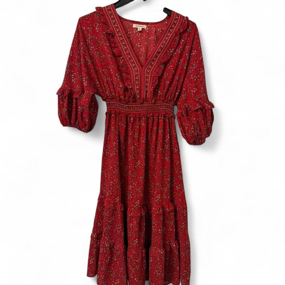 Max Studio red floral midi dress with ruffle details and tie waist. Size: S